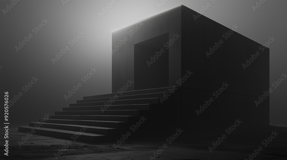 Poster mysterious dark structure emerges from fog with stark steps leading up at twilight