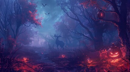 Obraz premium halloween pumpkins fantasy forest fire background