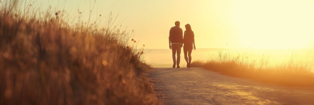 A couple walks hand-in-hand along a serene path during golden hour, illuminated by the warm glow of the setting sun, enveloped in tranquility.