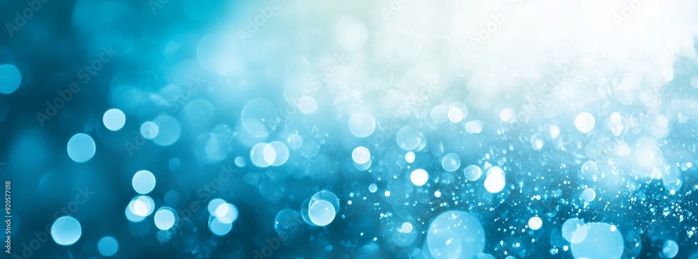 Poster blurred blue background with bokeh and lens flare on a horizontal plane