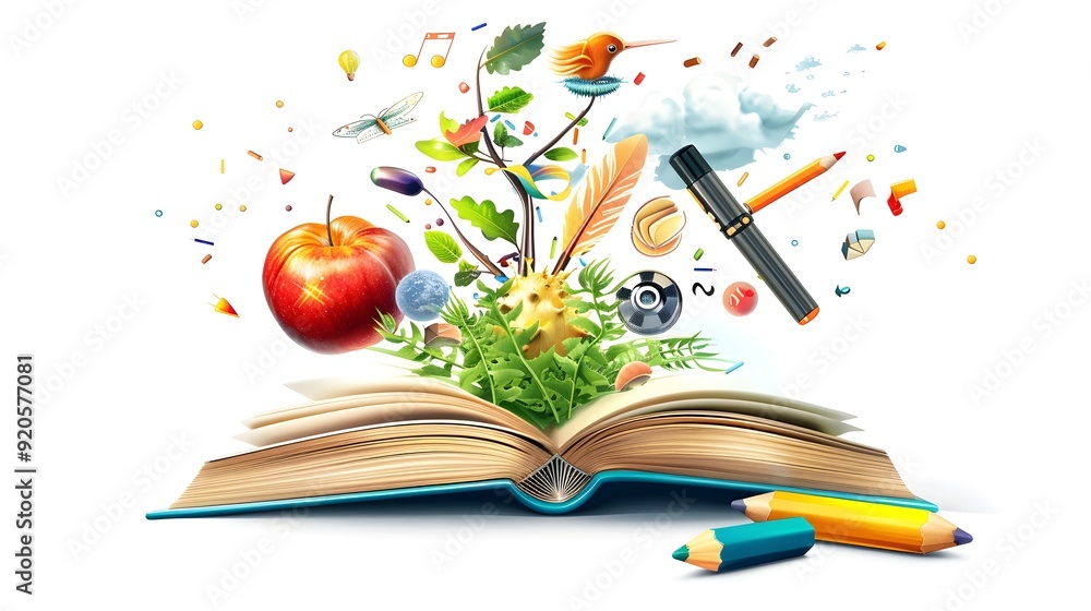 Poster open book with colorful objects emerging from it.