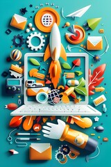 Laptop with rocket taking off surrounded by colourful icons.