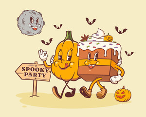 Halloween Groovy Pumpkin Spice and Cake Retro Characters. Cartoon Sweets Pudding Jack Lantern Walking and Smiling. Vector Autumn Holiday Mascot Template. Happy Vintage Cool Illustration Isolated