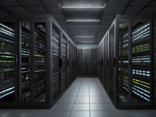 Servers racks walkthrough in Modern data center. Cloud computing datacenter server room. Cloud computing data storage 3d renderserver rack with servers,server rack with servers,server rack in a center