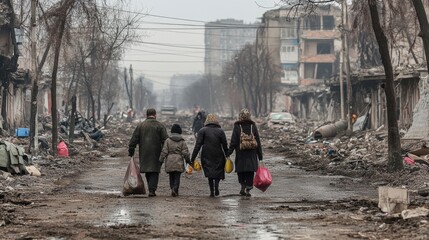 Ukrainian refugees navigate bombed city streets, seeking safety amid devastation