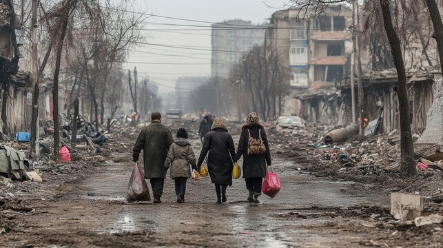 Ukrainian refugees navigate bombed city streets, seeking safety amid devastation