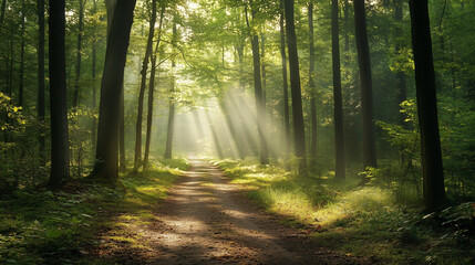 Obraz premium A path in the forest, gently lit by the sun's rays shining through the leaves, creates a peaceful and pleasant atmosphere.