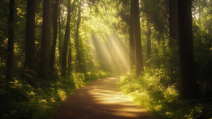 A path in the forest, gently lit by the sun's rays shining through the leaves, creates a peaceful and pleasant atmosphere.