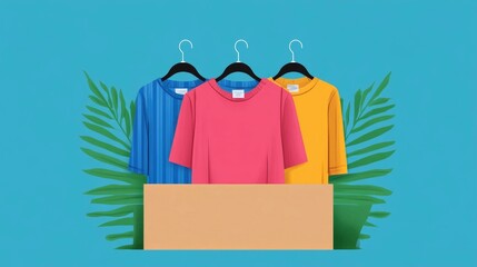 Flat design depicting an online apparel store subscription box service for ecommerce marketing and branding  The image showcases a modern minimalist graphic design with various clothing items