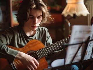 Fototapeta premium Caucasian teenage boy playing acoustic guitar Reading sheet music Casual t-shirt Cozy interior setting Warm lighting Concentrated expression