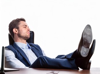 Tired businessman with feet up on desk, Business stress 
