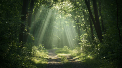Obraz premium A path in the forest, gently lit by the sun's rays shining through the leaves, creates a peaceful and pleasant atmosphere.