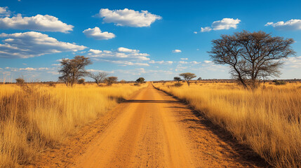 Fototapeta premium The picturesque, unpaved road leads far along the savannah landscape, surrounded by tall, golden grasses and sparse trees.