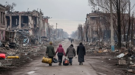 Ukrainian refugees walking through the devastated streets of a war torn city in ukraine