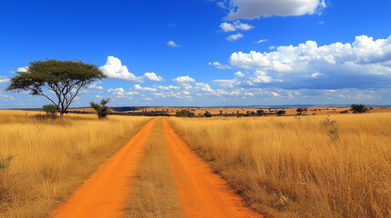 Fototapeta premium The picturesque, unpaved road leads far along the savannah landscape, surrounded by tall, golden grasses and sparse trees.