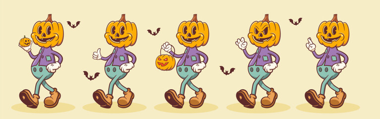 Halloween Groovy Pumpkin Retro Characters Set. Cartoon Jack O Lantern Walking and Smiling. Vector Autumn Holiday Mascot Templates Collection. Happy Vintage Cool Illustration Isolated