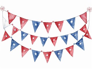 Fototapeta premium Red, white, and blue bunting and decorations,Clipart, watercolor illustration, Perfect for nursery art The style is handdrawn, white background