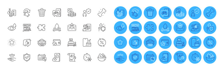 Bike app, Spanner and Loan percent line icons pack. Phone calendar, Water splash, Consolidation web icon. Job interview, Eye drops, Trash bin pictogram. Rotation gesture, Loyalty program, Taxi. Vector