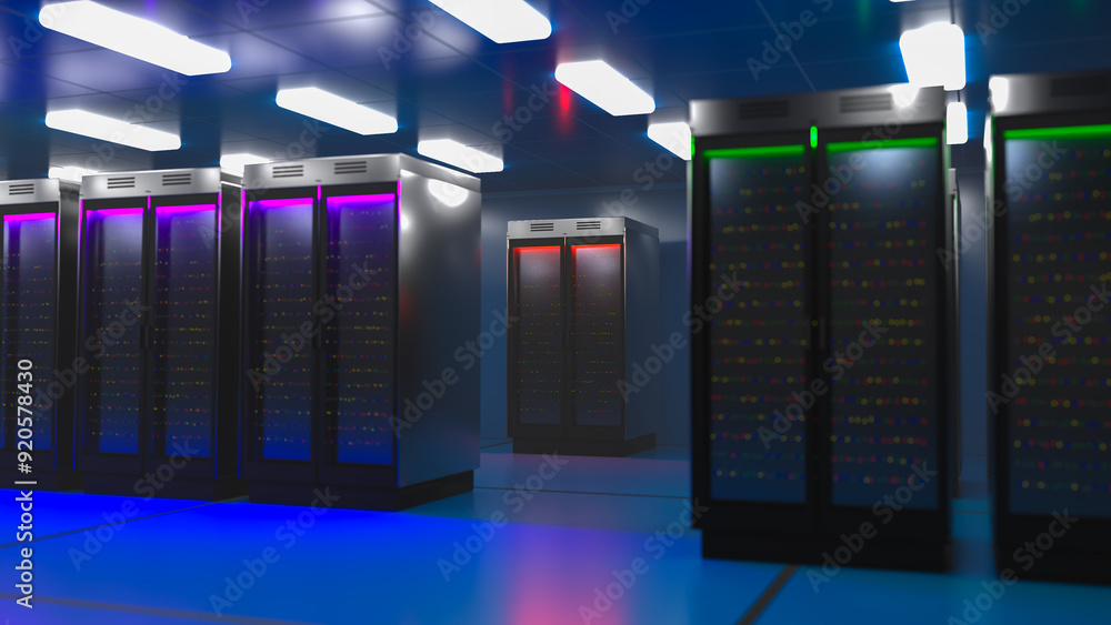 Poster server. server data center. backup, mining, hosting, mainframe, farm and computer rack with storage 
