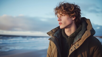 Young man stands thoughtfully on the beach during a windy day, with waves crashing in the background and a cloudy sky above