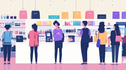 Fototapeta premium Seamless Mobile Checkout Experience for Trend Conscious Shoppers Illustrated in a Clean Flat Design Style Highlighting the Convenience and Efficiency of Modern Retail Technology Solutions