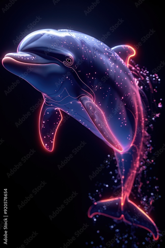 Wall mural A neon dolphin leaps out of the water with pink glowing lines and a dark background.