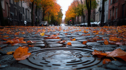 On a cobblestone road, in the center of the frame, is a wet manhole cover surrounded by fallen leaves. Trees on either side of the street, full of autumn colors.