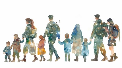 Fototapeta premium Soldiers reuniting with their families,Clipart, watercolor illustration, Perfect for nursery art The style is handdrawn, white background