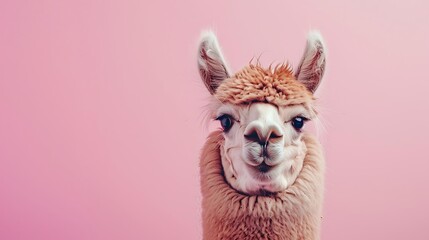 Adorable alpaca on a light pink background 32k, full ultra HD, high resolution