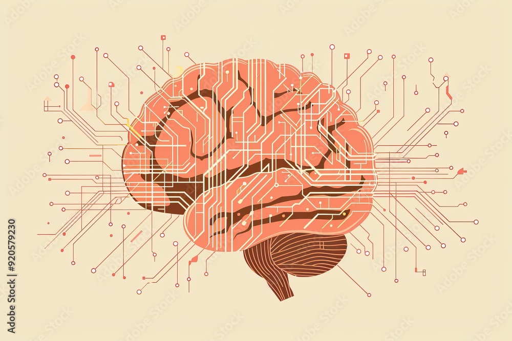 Wall mural illustration of brain with circuits representing artificial intelligence and technology