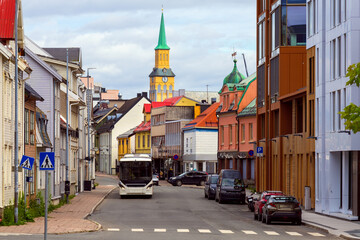 Street view from main street Storgata in central Tromso, Norway.