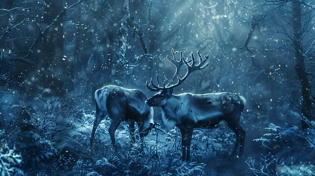 A pair of reindeer in a rainforest on a wintry night