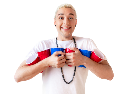 Cheerful young man holding cups transparent png