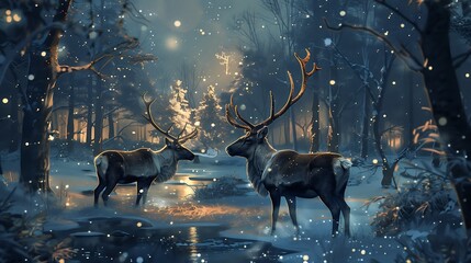 A pair of reindeer in a rainforest on a wintry night