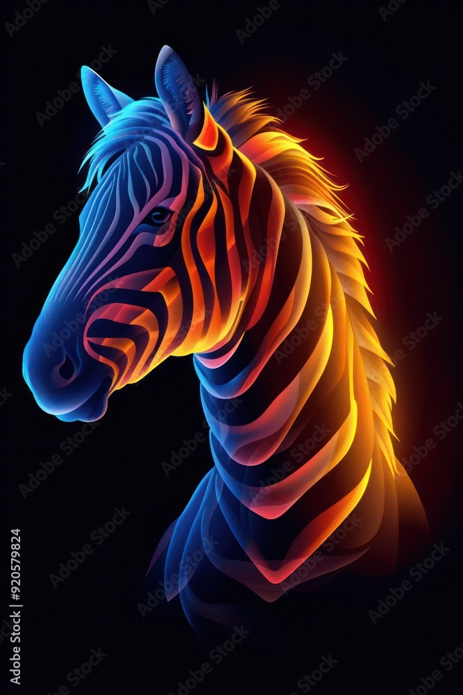 Sticker A neon zebra's head with orange, blue, and red stripes on black background.