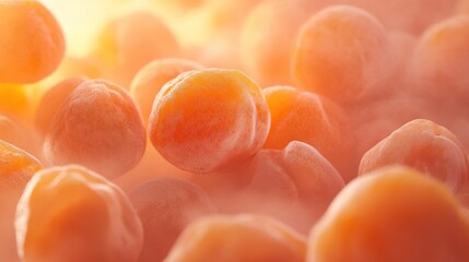 Close-up of ripe, orange, round fruit with soft, glowing light.