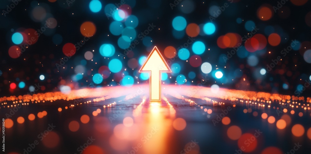 Poster an abstract neon arrow ascends in 3d. concept of technological success. bokeh lights and glowing col
