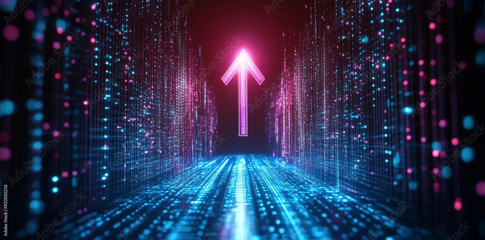 Poster the abstract neon arrow ascending in a 3d rendering. glowing lines and bokeh lighting. conceptual im