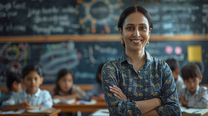 portrait of a indian female teacher, portrait of female teacher, student in classroom IV