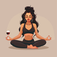 Yoga girl in a meditative pose holding a glass of wine in each hand.
