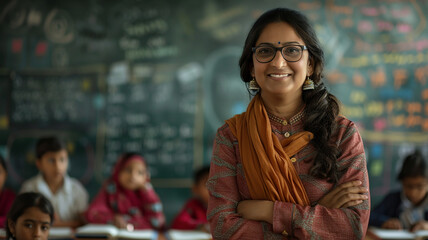 portrait of a indian female teacher, portrait of female teacher, student in classroom XV