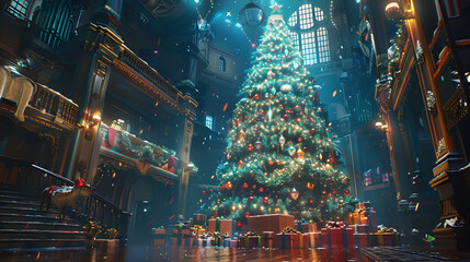 A huge Christmas tree adorned with bright lights and surrounded by presents captures the festive spirit of the Christmas and New Year holidays. copy space for your holiday greetings or messages.