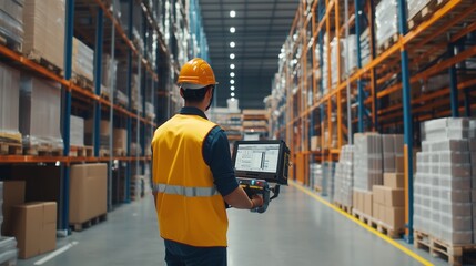 Warehouse worker using a handheld device to manage inventory in a large storage facility during the day