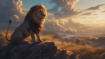 a lion standing on a rock in the middle of a desert area with a mountainous background, Lion on top of a mountain, 3d rendering, Generative AI