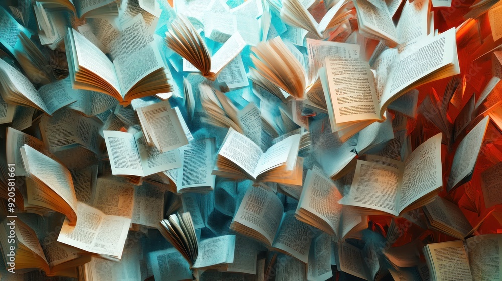 Poster a whirlwind of open books with pages filled with text