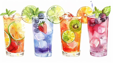 Beach cocktail clipart garnished with fruit,Clipart, watercolor illustration, Perfect for nursery art The style is handdrawn, white background