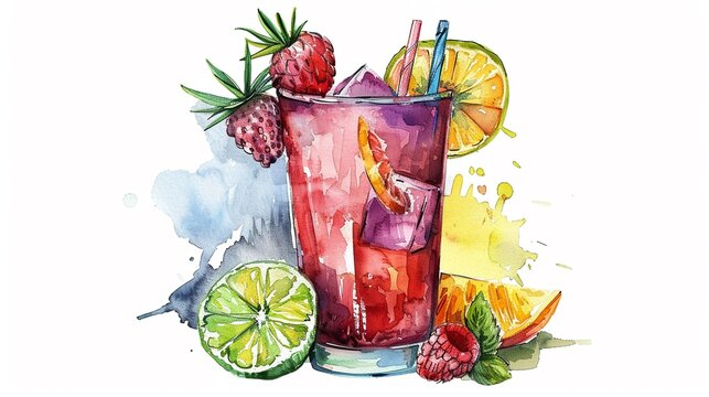 watercolor cocktail with fruit, ice, and straws clip art preview