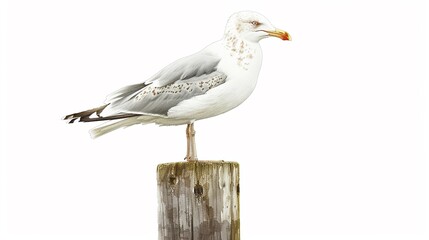 Obraz premium Seagull clipart perched on a wooden post,Clipart, watercolor illustration, Perfect for nursery art The style is handdrawn, white background