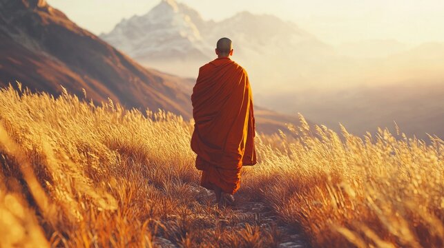 Buddhist monk in a colorful saffron robe walking on a mountain path, surrounded by tall grass, bathed in warm golden dramatic light