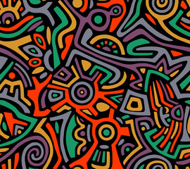 Abstract hand-drawn drawing of bright colors of chaotic shapes.Seamless pattern.